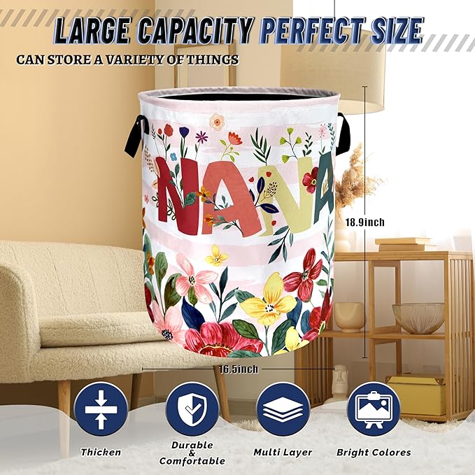 Cute Floral Flowers Laundry Hamper Foldable Oxford Cloth Colorful NANA Laundry Basket With Handle Portable Clothes Storage Basket Funny Laundry Bag 18.9"x16.5" For Laundry Room/Bedroom/Bathrooms