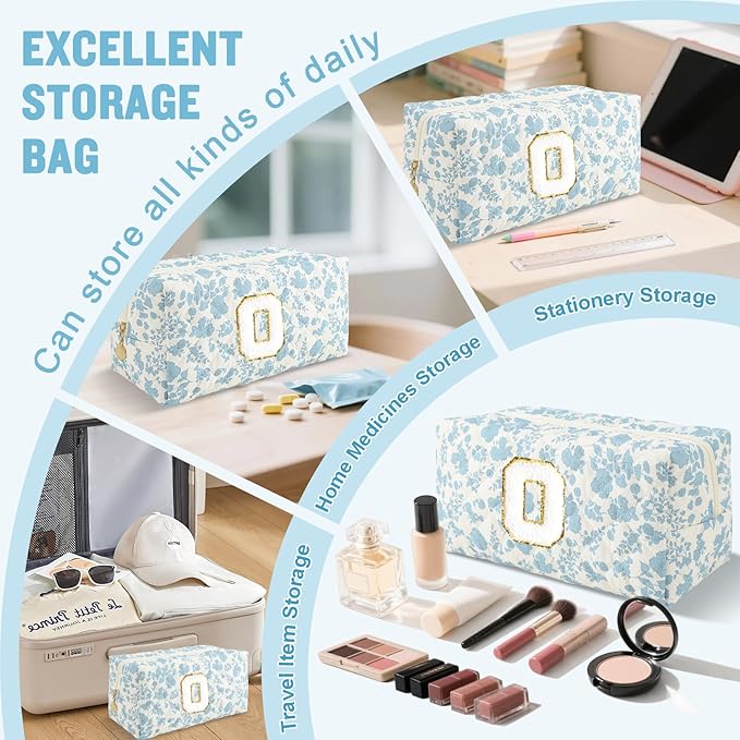 Personalized Quilted Cosmetic Bag, Puffy Monogrammed Christmas Birthday Gifts for Women & Girls, Cute initial Floral Makeup Bag Puffer Coquette Bag, Aesthetic Travel Toiletry Zipper Pouch(Blue,O)