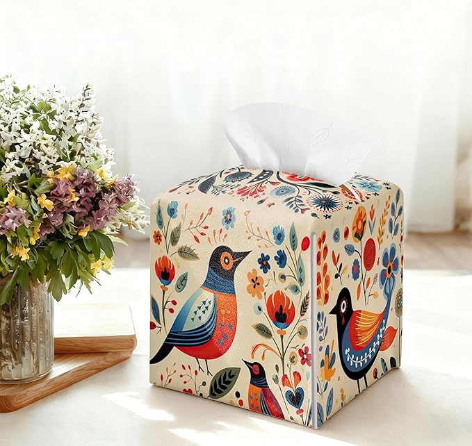Scandinavian Tissue Box Holder, Floral Bird Leather Tissue Box Cover Square, Paper Napkins Everyday Dispenser for Bathroom Vanity Countertop Night Stands Kitchen Office Car Home Decor