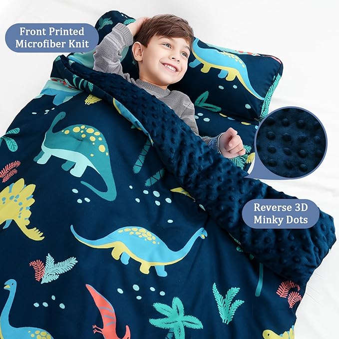 PHF Toddler Nap Mat with Removable Pillow and Minky Fleece Blanket, Rollup Design Warm Slumber Bags for Boys, 52"x20"x2" Kids Sleeping Bag for Daycare Preschool Travel Camping, Dinosaur