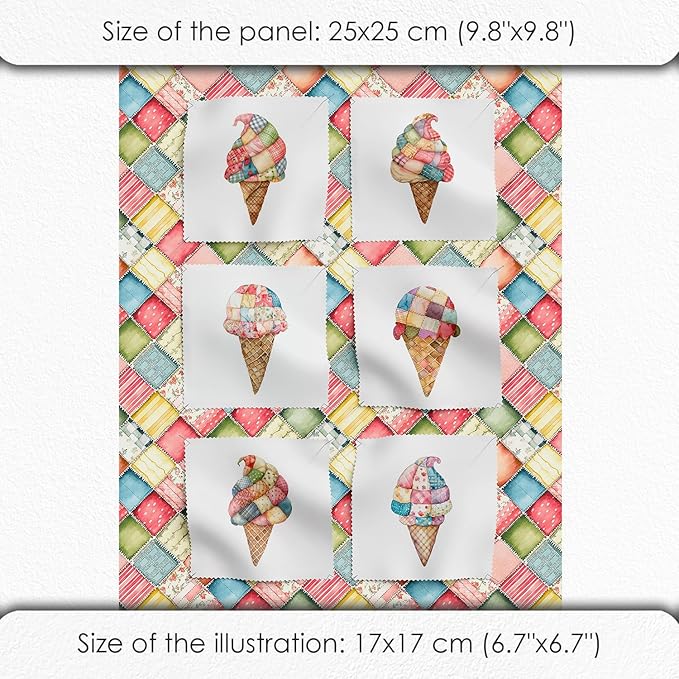 Patchwork Ice Cream Cotton Fabric Panel – 6 Designs (10×10 inch Each) + Bonus Sheet 29.5×19.6 inch, 100% Cotton 140 GSM, Made in Türkiye