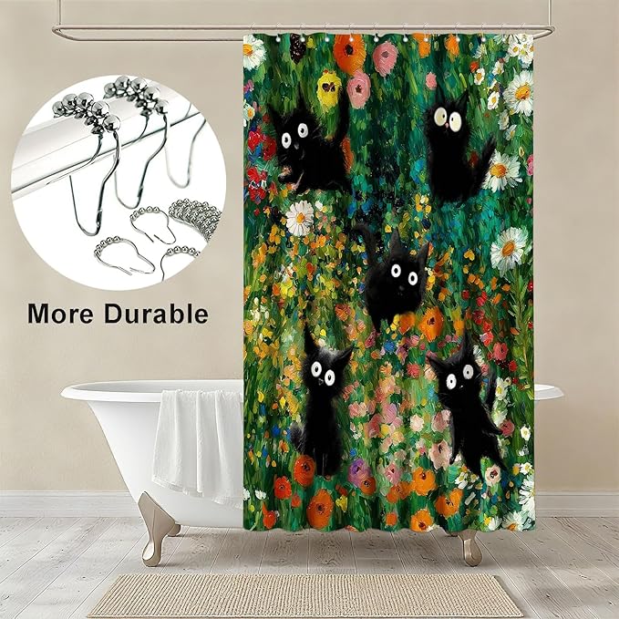 mutakin Funny Cats Shower Curtain Boho Vintage Flowers Shower Curtains for Bathroom Waterproof Fabric Bath Curtain Decor with Hooks