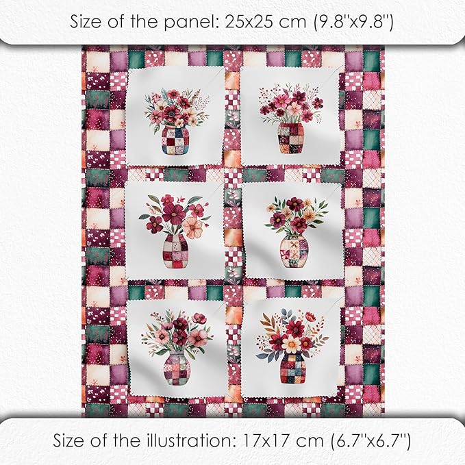 Cotton Satin Fabric Panel with Floral Patchwork Designs – 6 Printed Panels 9.8×9.8 in, Continuous Uncut Fabric Sheet 29.5×19.7 in, 100% Cotton for Quilting, Sewing & DIY