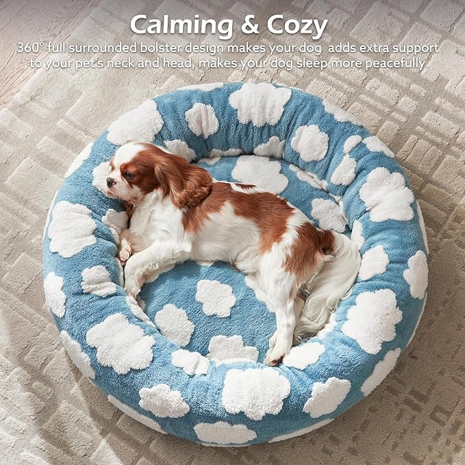 JOEJOY Donut Small Dog Bed, Round Cat Beds for Indoor Cats with Removable Washable Cover, Orthopedic Cute Puppy Kitten Pet Bed with Jacquard Shaggy Plush & Non Skid Bottom, Black