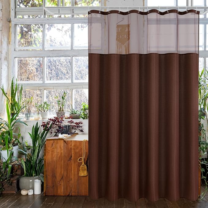 Gibelle Waffle Weave Shower Curtain with Mesh Top Window and Hooks Set, Spa Like Hotel Style Fabric Shower Curtain for Bathroom, Brown, 72x72