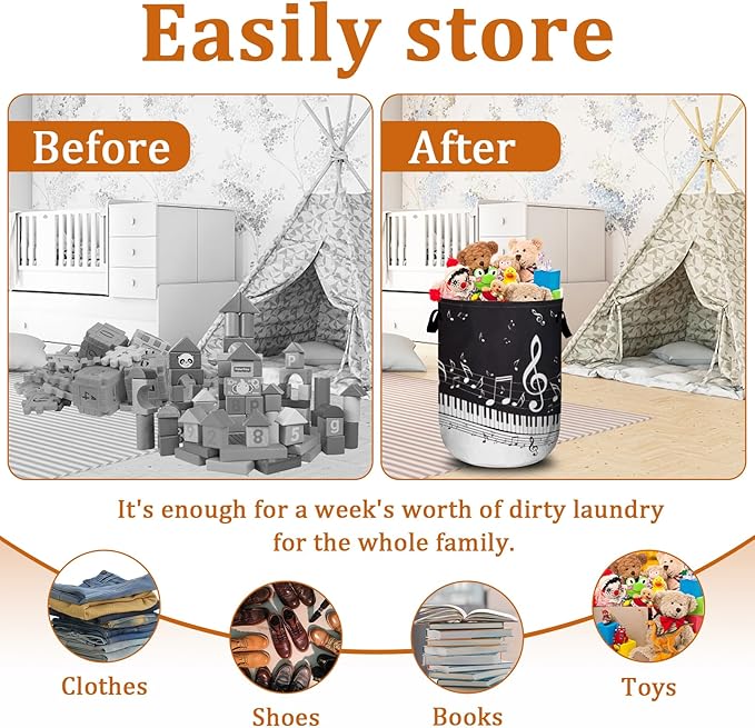 Piano Music Note Laundry Basket with Sturdy Handles, Collapsible Oxford Cloth Laundry Hamper Organizer Basket for Bathroom Bedroom 15.7x20 Inch