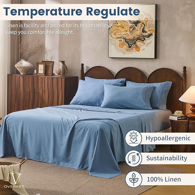 100% Linen Sheets California King Size,Breathable & Durable 4-Piece Bed Flax Sheet Set,Soft All-Season Bedding for Hot Sleepers 16" Deep Pocket Oeko-TEX Certified,（Cal King, Dusty Blue）