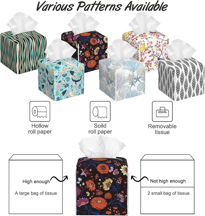Vintage Paisley Floral Tissue Box Cover Square,Tissue Box Holder with Belt Bottom,Stylish Leather Napkin Holder for Vanity Countertop,Nightstands,Office Desk,5.2"×5.2"×5.2"