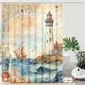 mutakin Nautical Shower Curtain Coastal Lighthouse Shower Curtains for Bathroom Waterproof Fabric Bath Curtain Decor with Hooks