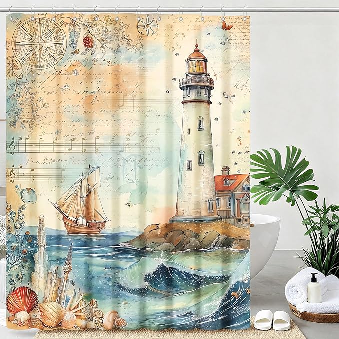 mutakin Nautical Shower Curtain Coastal Lighthouse Shower Curtains for Bathroom Waterproof Fabric Bath Curtain Decor with Hooks