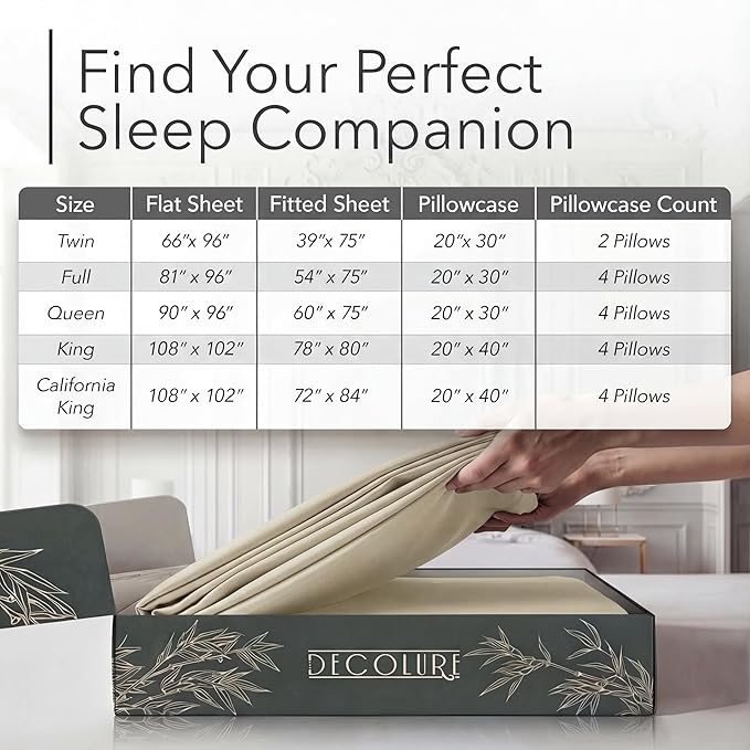 DECOLURE 100% Viscose Derived from Bamboo Sheets King Size - Luxury 6 Pc Naturally Cooling Sheets, Ultra Soft Bed Set - Deep 17" Pockets, Durable Double Stitching, Oeko Tex Standard (Creme)