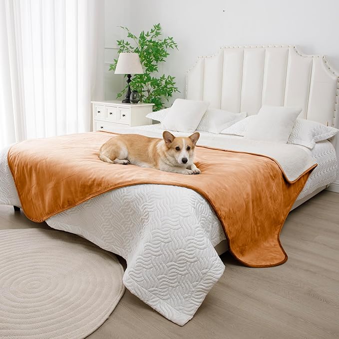 Bigbeer Waterproof Blanket for Bed, Leak Proof Dog Blankets for Couch Sofa Protection, Reversible Pet Sherpa Throw Furniture Protector Machine Washable(86"x90",Orange)