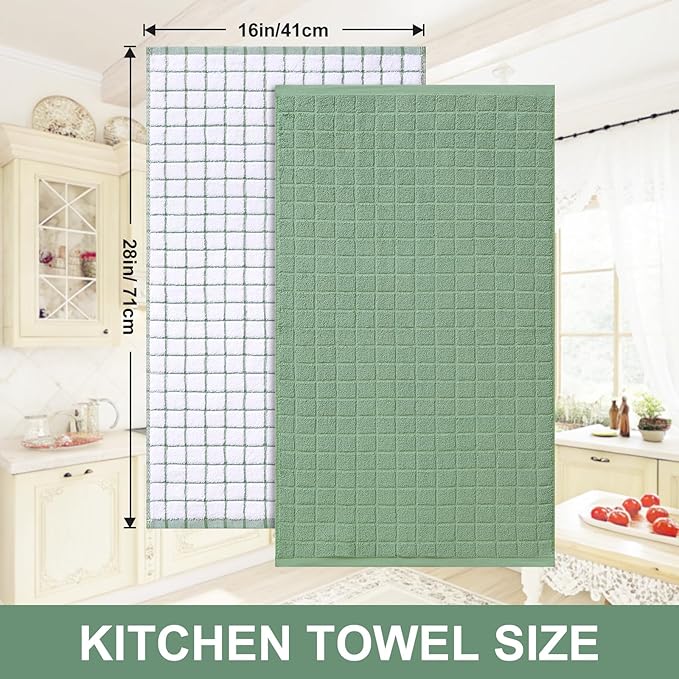 Homaxy Premium Cotton Kitchen Towels 16"x 28", Large Natural Ring Spun 390 GSM Dish Towels, Super Absorbent Terry Kitchen Hand Towels, Soft Tea Towels with Hanging Loop, Grass Green Check, 12 Pack