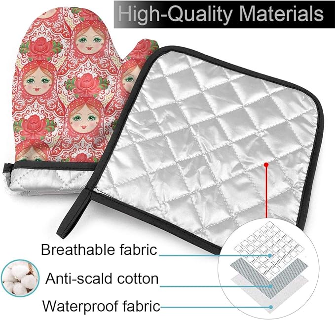 Traditional Russian Nesting Doll with Flowers Oven Mitts and Pot Holders Insulated Gloves & Kitchen Counter Safe Mats for Cooking BBQ Baking Grilling (2-Piece Set)