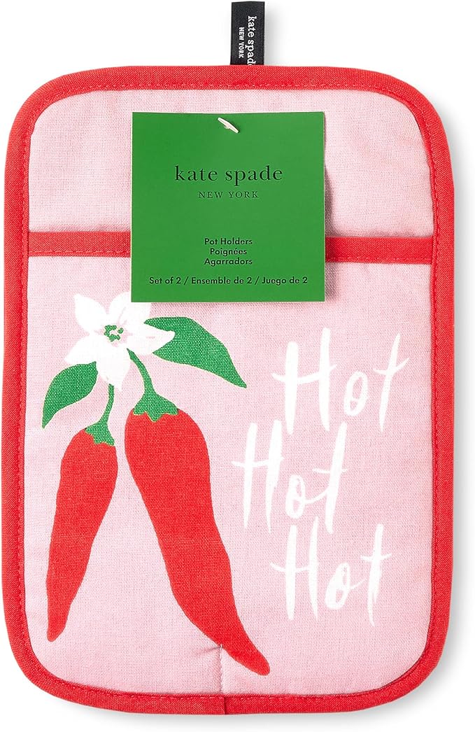 Kate Spade New York Hot Hot Hot Peppers Pot Holder 2-Pack Set, Heat Resistant, 100% Cotton, Red/Pink, 7"x10"