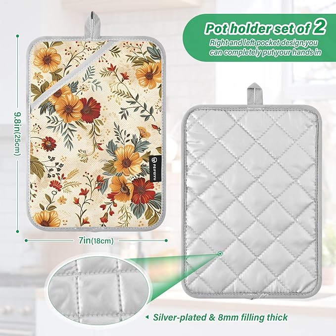 Pot Holders Set of 2 Floral Hot Pads for Kitchen Heat Resistant Potholders Sets for Kitchen and Baking 7x9.8in