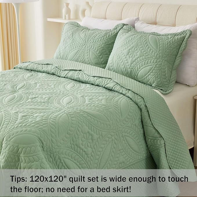 Cmfshape Oversize King Bedspread 120"x120",3 Piece California King Quilt,Lightweight Green Quilt Set for All Season,Modern Coin Pattern Bedding Set