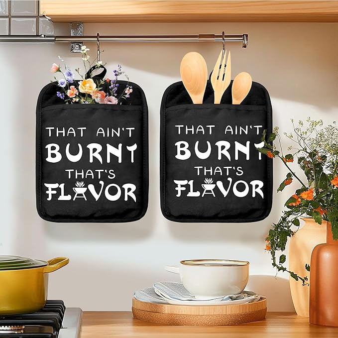 Funny Oven Mitts Set, BBQ Grilling Gifts, Funny Kitchen Gifts, That's Not Burnt That's Flavor Heat Resistant Kitchen Oven Gloves for Baking and Cooking,Pot Holders