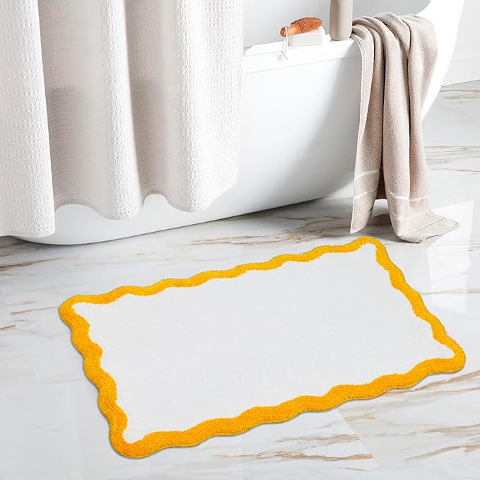 C23 Luxury Deep-Pile Bath Rug | 2200 GSM Ultra-Soft Plush Thick Bathroom Mat | 20"x32" Mustard Yellow & White High-Density Loft Rug | Non-Slip Natural Latex Back, Absorbent, Machine Washable, 1 Piece