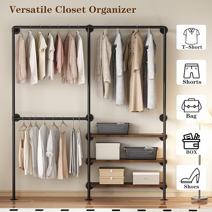 KAILNKISS Industrial Pipe Clothes Rack, Wall Mounted Clothing Rack with Shelves, Heavy Duty Closet Organizers Wardrobe Multi-Purpose Storage Clothes Hanging Shelf-70.8''L Black