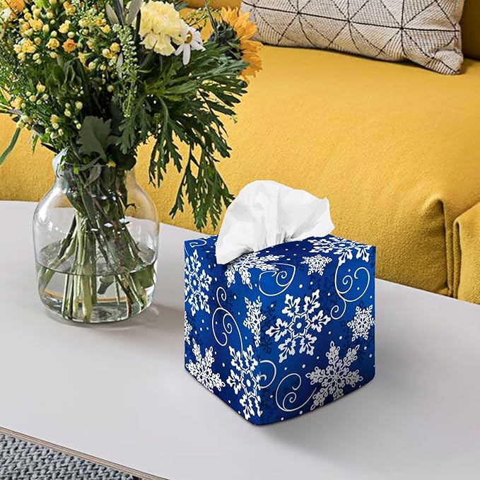 Tissue Box Cover Square Decorative Tissue Box Holder Cute Funny Cube Tissue Case Cover-Xmas Decor Snowflake Tissue Box Cover