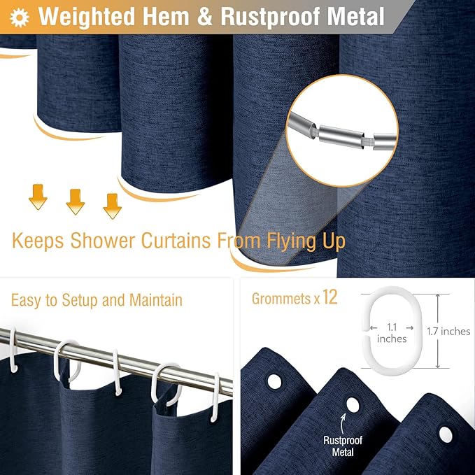 BTTN Blue Extra Long Shower Curtain, 72x96 Inch Long Linen Textured Heavy Duty Fabric Shower Curtain Set with 12 Hooks, Tall Decorative Neutral Waterproof Cloth Shower Curtain for Bathroom, Navy Blue
