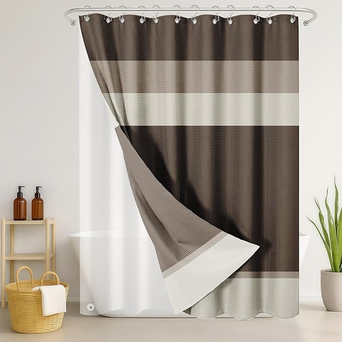 Nesphy Shower Curtain and Liner, Brown Striped 3 in 1 Shower Curtain and PEVA Liner Set with 12 Rust-Resistant Metal Hooks, Waterproof Fabric Shower Curtains for Bathroom, 72 W x 72 H