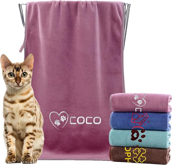 xrlsg Personalized Cat Towel Custom Towel for Cat Bath Supplies with Embroidered Pattern Name Super Absorbent Towels for Pet Bath 20 in x 40 in Pink