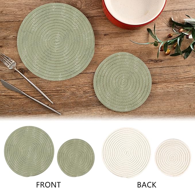 Boccsty Botanical Floral Leaves Trivet Mat 2PCS Simple Flowers Sage Green Round Woven Potholders Kitchen Table Countertop Protector Hot Pads Farmhouse Coasters Counter Mats for Cooking Baking
