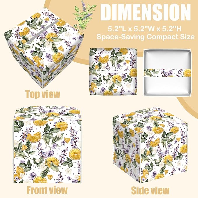 BLYKVGHQ Square Tissue Box Cover Orange Fruits and Lavender Flowers Tissue Box Holder Facial Cube Paper Dispenser Leather Decorative Organizer Home Office Desk Decor, 5.2"x5.2"x5.2"