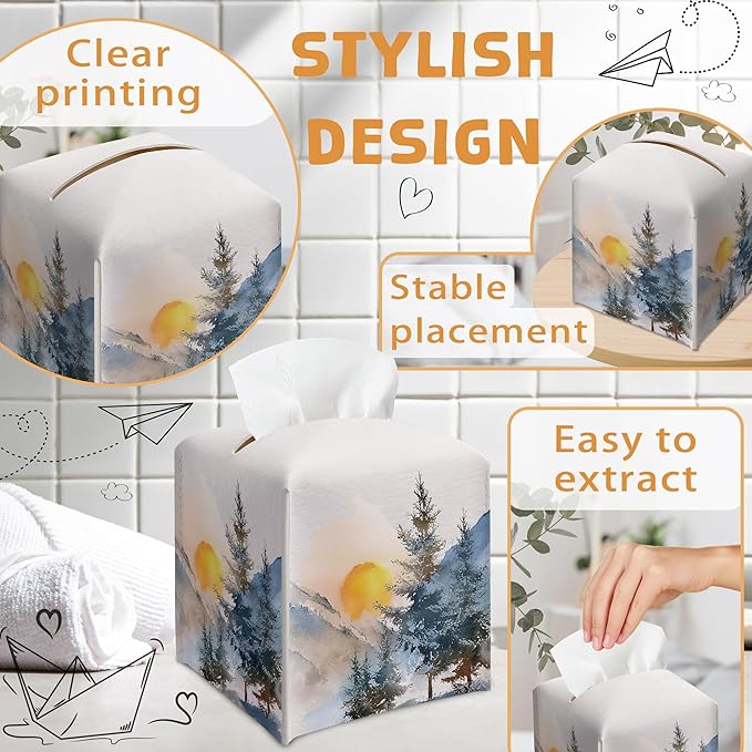 Winter Pine Tree Tissue Box Holder, Winter Forest Landscape Leather Tissue Box Cover Square with Bottom Belt, Paper Facial Decorative Tissues Cover for Bathroom Kitchen Office Home Decor-B24