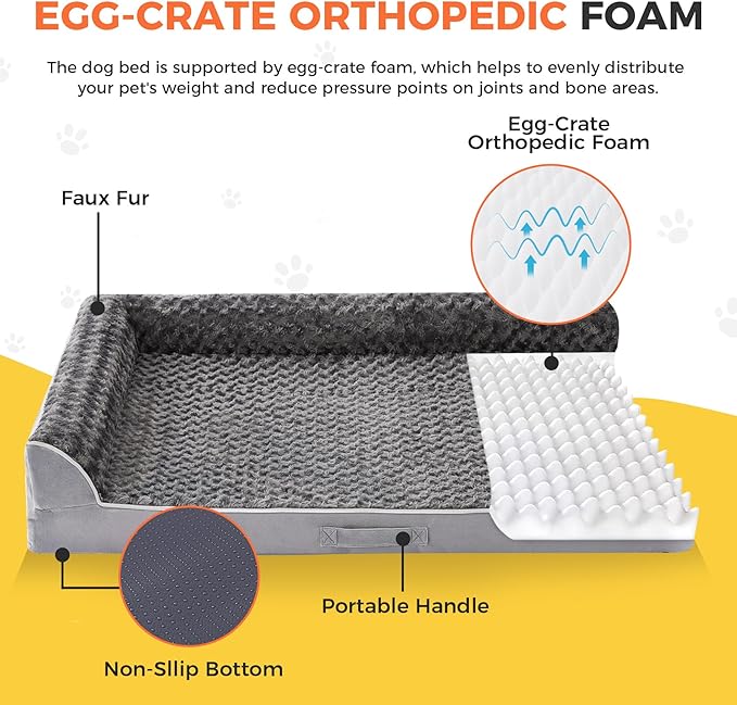 Aeroluxe Dog Bed Large Sized Dogs, XXL Orthopedic Dog Bed for Large Dogs, Waterproof Pet Bed with Washable Removable Cover, L-Shaped Pet Couch with Portable Handle 48"x35"x7.5", Grey