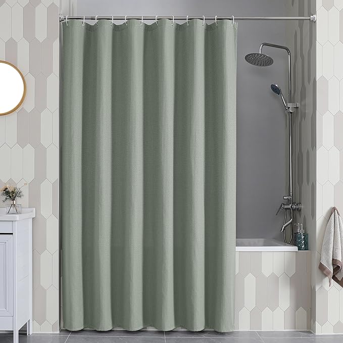OVZME Extra Long Shower Curtain Set - 84 Inch Long Waffle Weave Heavy Duty Cloth Shower Curtain for Bathroom, Luxury Weighted 230GSM Bath Curtain Set with 12 Plastic Hooks, 72x84, Sage Green