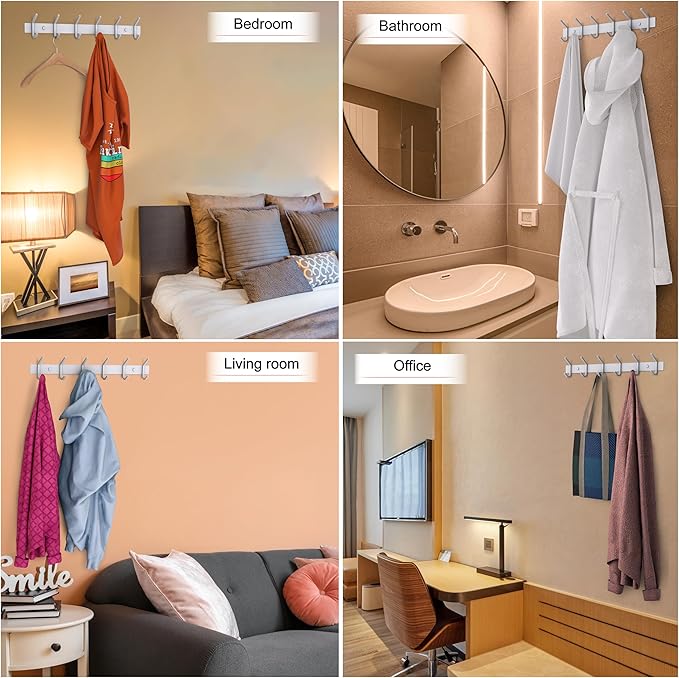 SAYONEYES White Coat Rack Wall Mount – 17 Inch Stainless Steel Hook Rail with 6 Heavy Duty Double Coat Hooks – Wall Mounted Coat Hanger for Entryway, Bathroom, Bedroom, Towel, Hat Organizer - 2 Pack