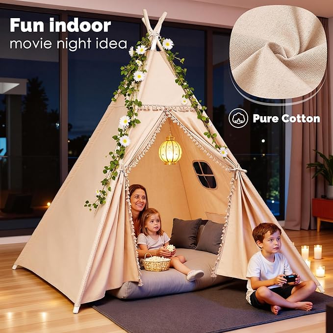 Sumbababy Large Teepee Tent for Kids Indoor - Cotton Canvas Slumber Play Tents for Adults - Foldable Sleepover Tents for Girls Boys Party Gift Toy, Khaki