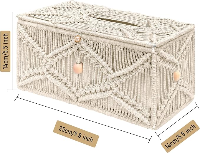 KaloKalo Handmade Tissue Box Cover Rectangle Decorative Macrame Boho Tissue Holder Cotton Rope Woven Napkin Facial Paper Organizer Bohemian Desk Storage Container with Buckle Wood Beads (Ivory)