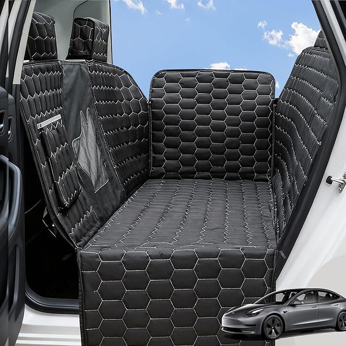 Meginc Dog Seat Covers for Tesla Model Y,Dog Hammock for Tesla with Side Flaps, 100% Waterproof Model Y Dogs Accessories with Mesh Window & Headrest Protector Easy Clean up Pet Car Seat Cover