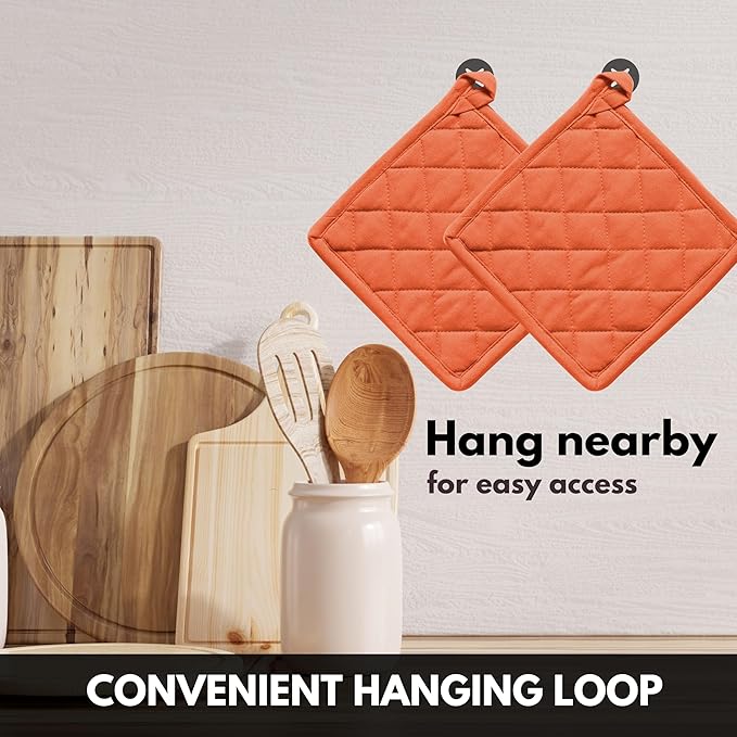 Oven Mitt (7"x13") & Pot Holder (8"x8") 100% Cotton Set of Heat Resistant Oven Gloves & Hot Pads for Gifts, BBQ, Cooking, Baking, Thanksgiving - Orange