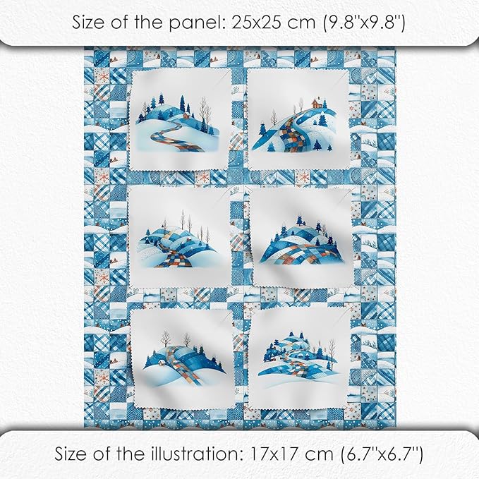 Winter Patchwork Landscape Cotton Fabric Panel – 6 Designs (10×10 inch Each) + Bonus Patchwork Sheet 29.5×19.6 inch, 100% Cotton 140 GSM