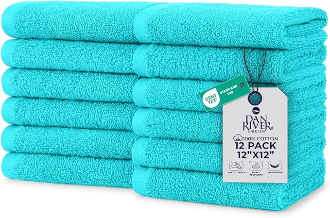 DAN RIVER 12 Pack Wash Cloths for Showering [12x12] - 100% Cotton Washcloths Premium Quality Flannel Face Cloths for Bathroom, Highly Absorbent and Soft Feel Wash Clothes, Aqua