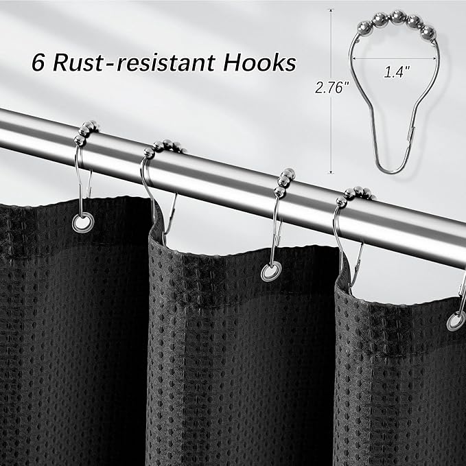 PANGSINNE Black Stall Fabric Shower Curtain - Water Repellent Waffle Textured 256GSM Heavy Duty Cloth Shower Curtains for Bath Tubs, Narrow Size Hotel Quality with 6 Hooks, 36Wx72H