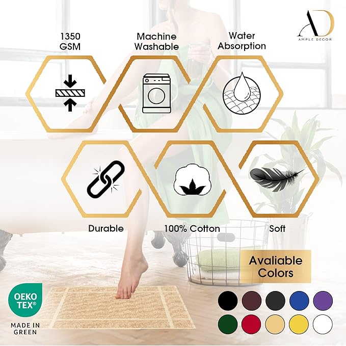 Ample Decor 100% Cotton Bath Mats 24 x 17 Inches, Quick Dry, 1350 GSM Banded Border Shower Bathroom Floor Mat, Not Bathroom Rug - Green, 2 Pack