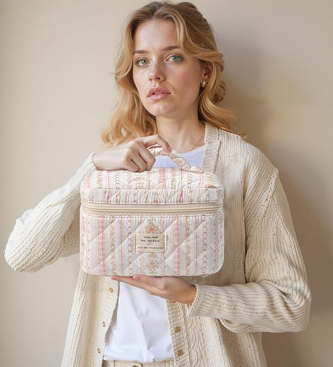 HBselect Christmas Gifts Large Quilted Makeup Bag, Cute Cotton Travel Makeup Bag with Handle, Portable Coquette Floral Make up Bags, Toiletry Organizer Make up Bags for Women Teen Girls Mom