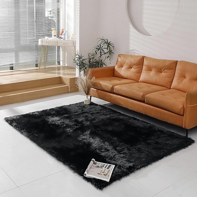 Faux Fur Rug Sheepskin Shag Fluffy Fuzzy 5x7 ft Black Rugs for Bedroom Bedside Bed Floor Living Room Plush Rectangle High-Density Cushion Carpet Super Sofa Cover