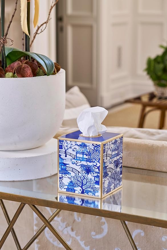 Jaye’s Studio Garden Party Line, Decorative Tissue Box Cover, White & Taupe, Gold Trim, Enameled, Handcrafted Metal, Luxury Tissue Holder, Size 6x5x5