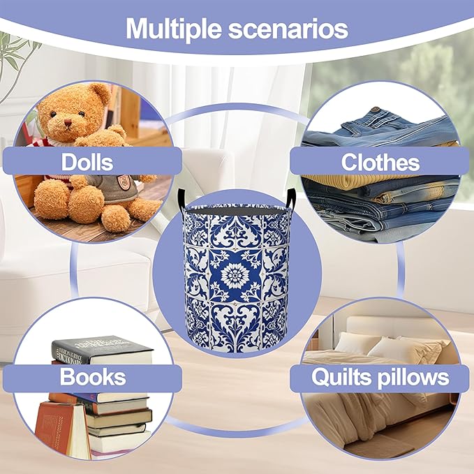 Blue Laundry Basket-Large Foldable Hamper Holder Portable Tall Collapsible Laundry Hamper Storage Basket Bin with Handles, Canvas & Waterproof lining for Household Items