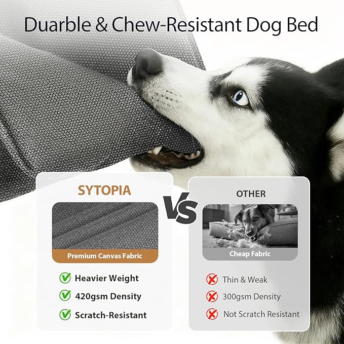 Sytopia 42 Inch Indestructible Dog Beds for Large Dogs, Canvas Outdoor Chew Proof Dog Bed, XL Orthopedic Pet Bed with Waterproof & Washable Removable Cover, Non‑Slip Bottom, Dark Grey