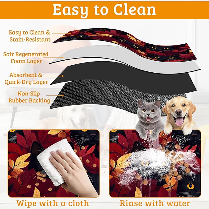 Dog Bowl Mat,Black Cat Pet Feeding Mat for Floors Waterproof,Forest Red Absorbent Dogs Placemat for Food and Water Quick Dry Pet Cat Feeding Mats with Non Slip Bottom 16" x 24"