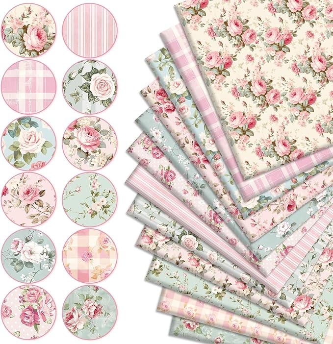 JarThenaAMCS 12Pcs Vintage Spring Cotton Fabric Bundles 18 x 22 Inch Pink Mint Green Roses Plaid Fat Quarters Floral Sewing Fabrics for DIY Craft Party Decor