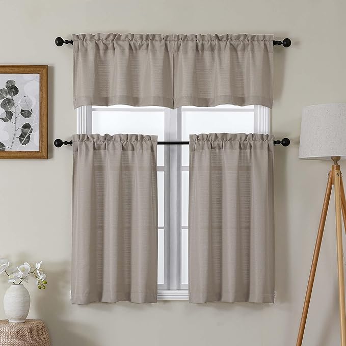 Lecloud Bessie Stone Short Curtains 24 Inch Length 2 Pcs, Faux Linen Cafe Kitchen Small Curtains with Rod Pocket, Light Filtering Curtain Tiers Window Treatments for Bedroom Bathroom, Each 30 W x 24 L